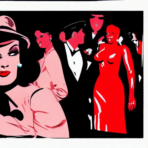 Prompt: film noir jazz bar scene, crowds of people, she arrived in a red dress, in techinicolor.