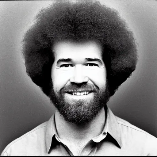 Image similar to Mugshot Portrait of Bob Ross, taken in the 1970s, photo taken on a 1970s polaroid camera, grainy, real life, hyperrealistic, ultra realistic, realistic, highly detailed, epic, HD quality, 8k resolution, body and headshot, film still, front facing, front view, headshot and bodyshot, detailed face, very detailed face