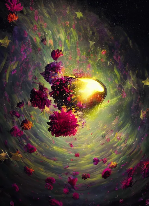 Image similar to An epic fantastic realism comic book style painting of the most beautiful spinning flowers floating into the dark and starry cosmos, exquisite bouquets, fisheye, a star implodes, unreal 5, DAZ, hyperrealistic, octane render, dynamic lighting