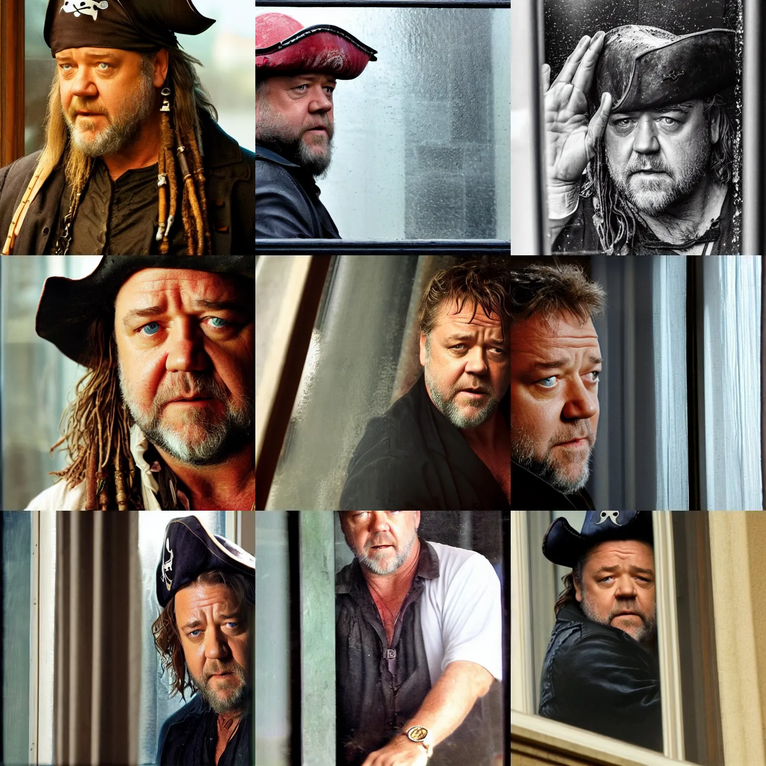 Image similar to russell crowe wearing a pirate hat behind a dirty window staring out