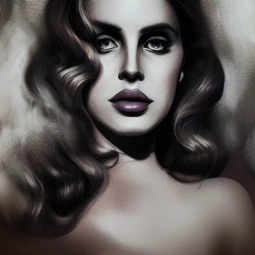 Prompt: psychedelic portrait of lana del rey smoking, diffuse lighting, fantasy, intricate, elegant, highly detailed, lifelike, photorealistic, digital painting, artstation, illustration, concept art, smooth, sharp focus