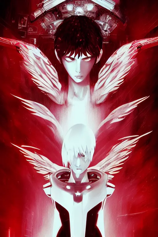 Image similar to white arc-angel with mystic robotic wings, blade runner, akira with red hair, ghost in the shell, 2077, ultra detailed, digital art, 8k ,character ,realistic, portrait, hyperrealistic