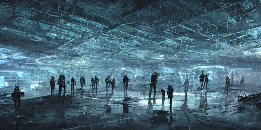 Image similar to sci - fi alien squad in wet cloaks, infiltrating on the ceiling of the mega - structure facility at midnight storm, lightning, hyper - detailed, art