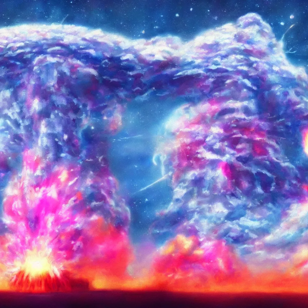 Prompt: a lofi nuclear explosion to study and die to, 4 k, art station, beautiful, blue and pink