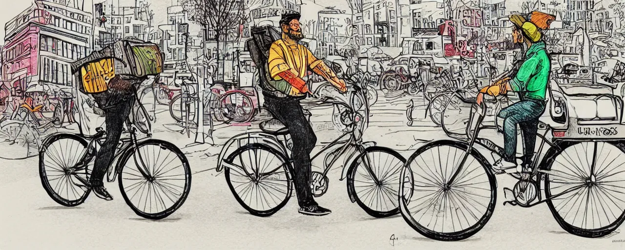 Prompt: beautiful detailed comic illustration of a uber eats delivery guy on a bicycle, colored