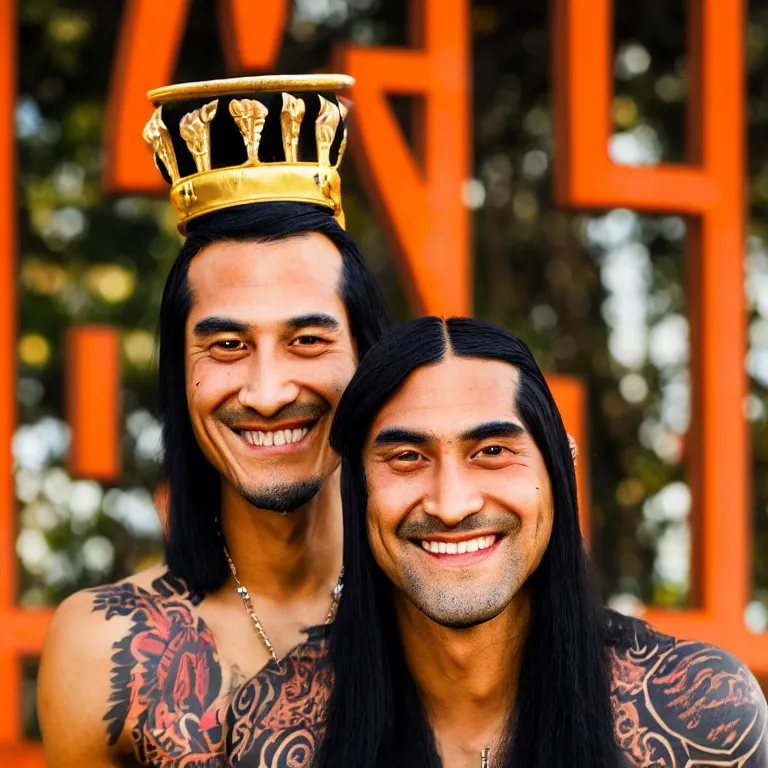 Prompt: A photo of Emperor Kuzco!!!!!!!!!!!!!!!! with his black long hair, face shaved and smiling with confidence wearing his emperor clothes, tan skin. Portrait by Terry Richardson. Golden hour. 8K. UHD. Bokeh.