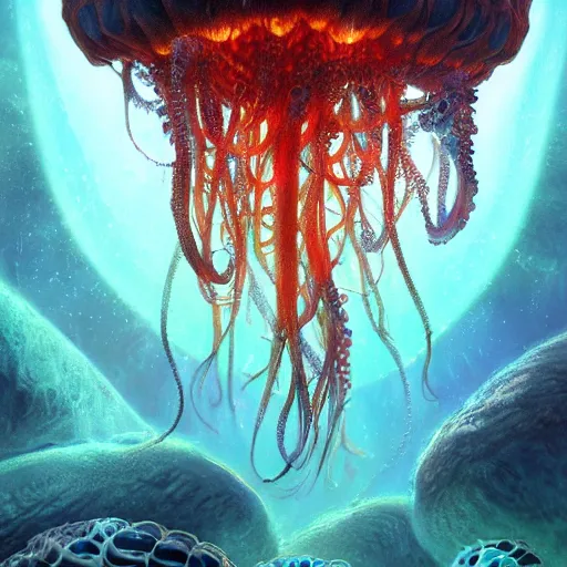 Image similar to photorealistic beautiful and intricate alien jellyfish planet in the style of michael whelan and greg rutkowski. hyperdetailed photorealism, 1 0 8 megapixels, octopus palace, amazing depth, glowing rich colors, powerful imagery, psychedelic overtones, 3 d finalrender, 3 d shading, cinematic lighting, artstation concept art