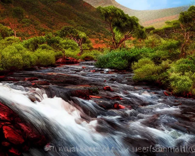 Prompt: A photorealistic painting of Karkloof Nature Reserve with a red stream of water