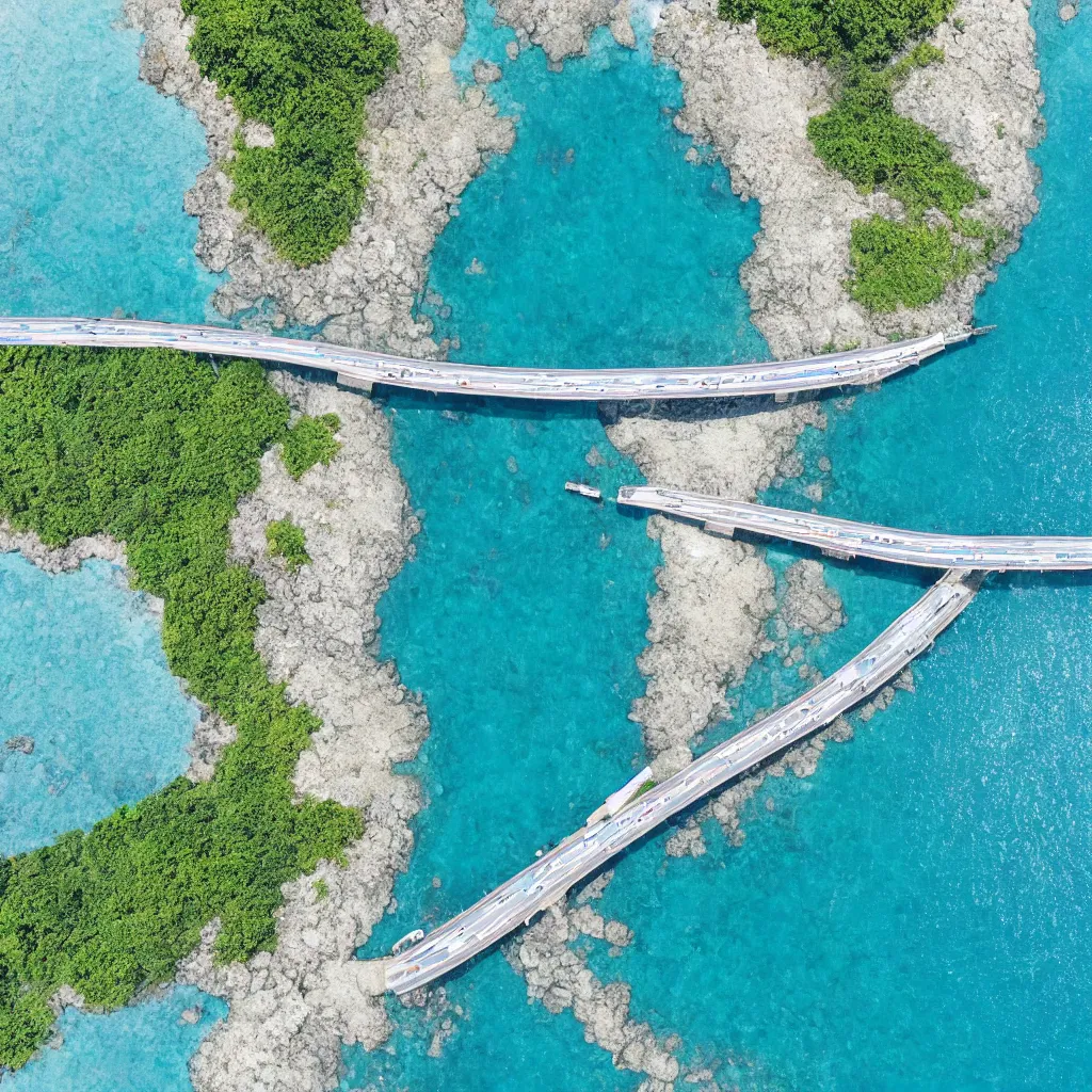 Image similar to single lane bridges winding over wide ocean of bright blue water, birds eye view
