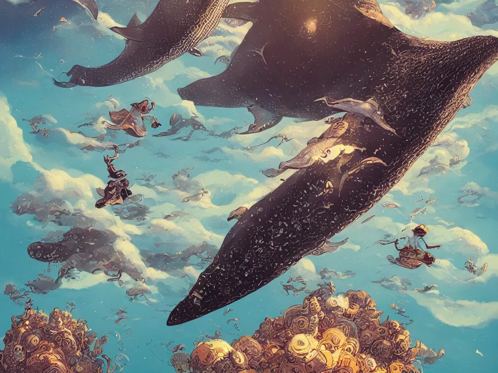 Prompt: a detailed full portrait of a flying whale, by victo ngai and justin gerard, digital art, realistic painting, very detailed, fantasy, dnd, character design, trending on artstation