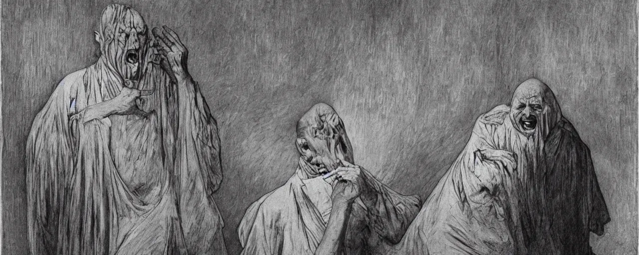 Prompt: vintage brightly color film footage, exaggerated somber exorcism scared priest wide open mouth in terror crying figures inside mental hospital portrait by zdzisław beksinski and gustave dore and alphonse mucha, artstationhq iamag