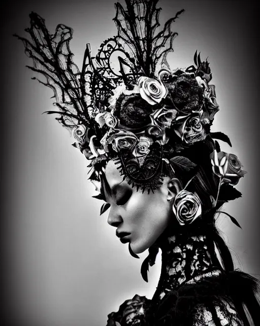 Prompt: dark surreal poetic black and white photo of a beautiful young silver bio-mechanical-female-vegetal-cyborg with a fur metal fine lace face, a very long neck and a fine metal floral foliage super big gothic lace collar and very high big floral crown with many black dry roses by Vivienne Westwood:: smoke, high fashion, haute couture, rococo, avant-garde, silver filigree details, anatomical, facial muscles, cable wires, microchip, elegant, dreamy, foggy atmosphere, hyper realistic, 150 mm lens, soft rim light, octane render, unreal engine, picture was taken in 1910 by Man Ray, volumetric lighting, dramatic light,8k,