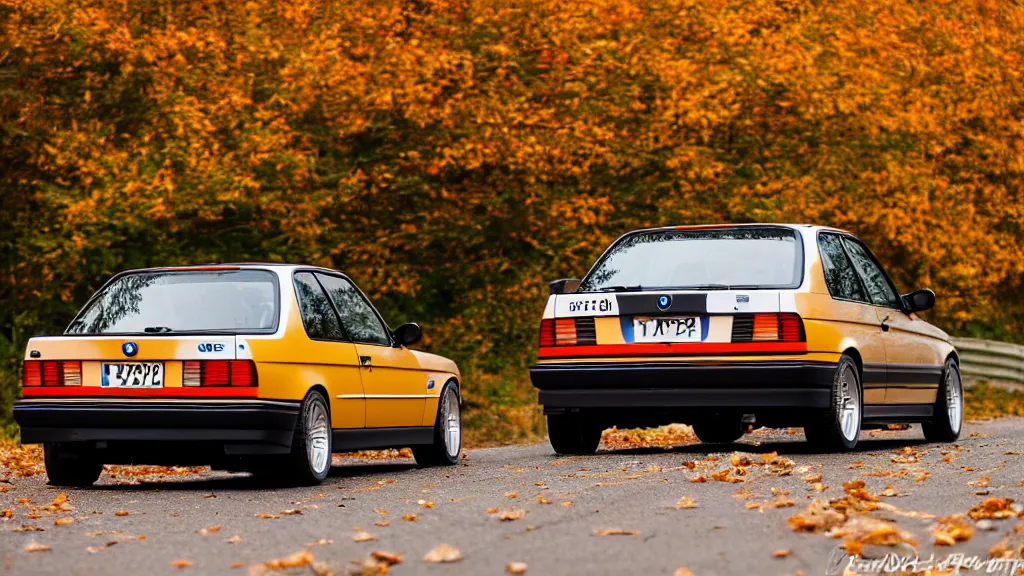 Image similar to a rear shot of a modified bmw e 3 0 driving through autumn leaves, motion blur, 3 5 mm photography, car photography, clean lines, realistic