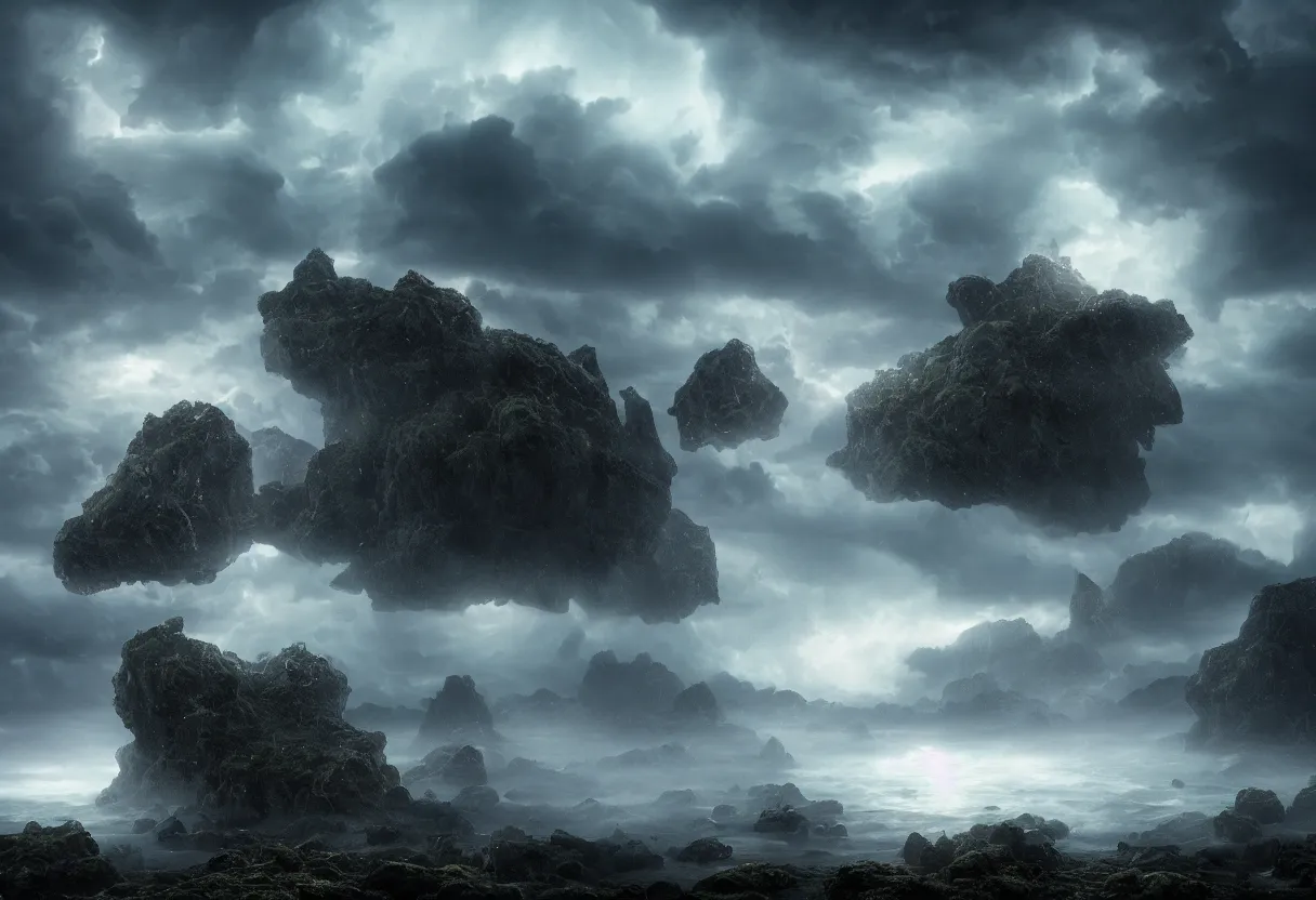 Prompt: Photorealistic epic misty landscape with magical floating rocks, with ominous storm clouds, bioluminescent glowing runes, stones falling from the sky, a gentle rising mist. occult photorealism, UHD, amazing depth, cinematic lighting, epic scale, glowing rich colors, powerful imagery, psychedelic Overtones, concept art