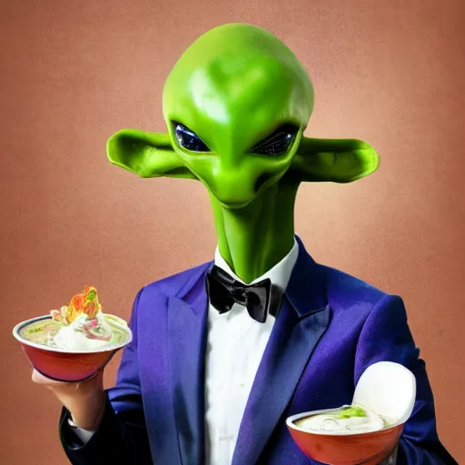 Image similar to a modernized alien in a purple three - piece suit made of velvet, he is enjoying a bowl of split pea and mushroom soup at a 5 - star restaurant in the bronx, photorealistic, highly detailed, photography, refined spontaneity