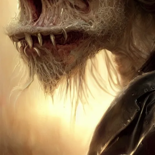 Image similar to portrait painting of a sneering biker with pale skin and shaggy hair, drinking blood out of a goblet, sharp focus, ultra realistic, concept art, intricate details, eerie, highly detailed, photorealistic, octane render, 8 k, unreal engine. art by artgerm and charlie bowater and greg rutkowski