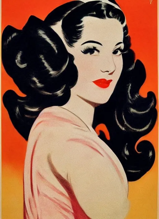 Image similar to portraitbeautiful and glamorous black-haired woman, smooth hair, arab, 1940s propaganda poster, full hd,highly detailed