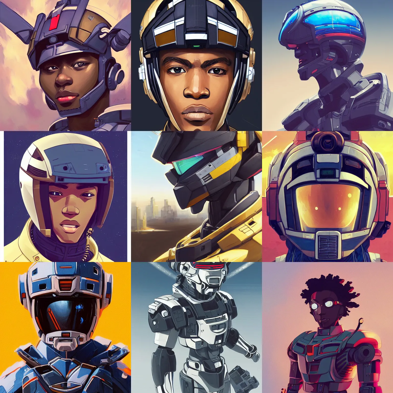 Prompt: a portrait of a young handsome elite 👦🏿 gundam pilot with an intricate, detailed, urban inspired hiphop afro futuristic helmet, vector behance hd jesper ejsing, rhads, makoto shinkai, lois van baarle, ilya kuvshinov, rossdraws, illustration, hd, 3 2 k, ilya kuvshinov, gustav klimt