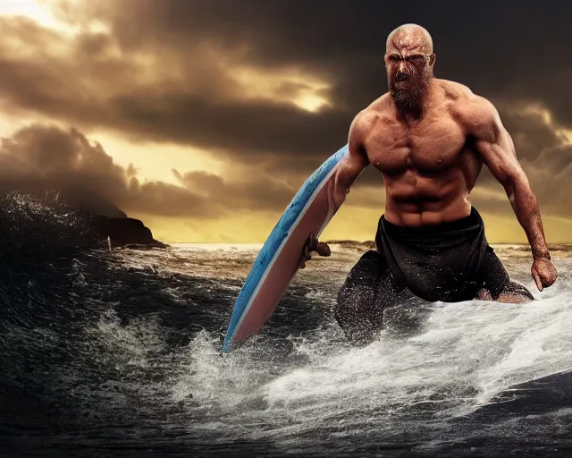 Image similar to single spartan with surfing on australian beach, epic award winning action cinematic still from the movie 3 0 0, 8 k, global illumination, detailed face, muscles, rim highlights, hyper realistic, stunning waves, happy vibes