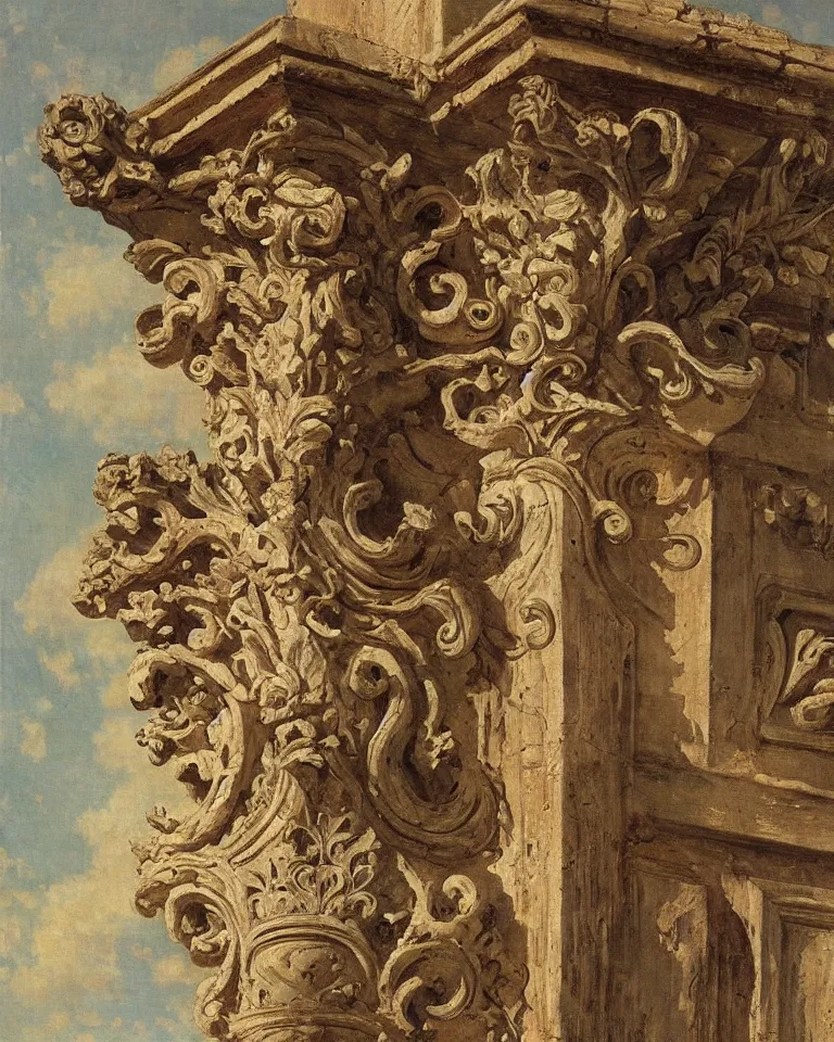 Image similar to achingly beautiful painting of intricate ancient roman corinthian capital on coral background by rene magritte, monet, and turner. giovanni battista piranesi.