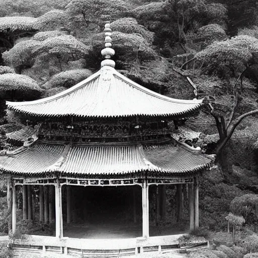 Image similar to old pavilion in the forest, by lang jingshan,