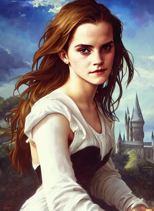 Prompt: oil painting of emma watson giving seductive look. hogwarts in background beautiful detailed face. by artgerm and greg rutkowski and alphonse mucha