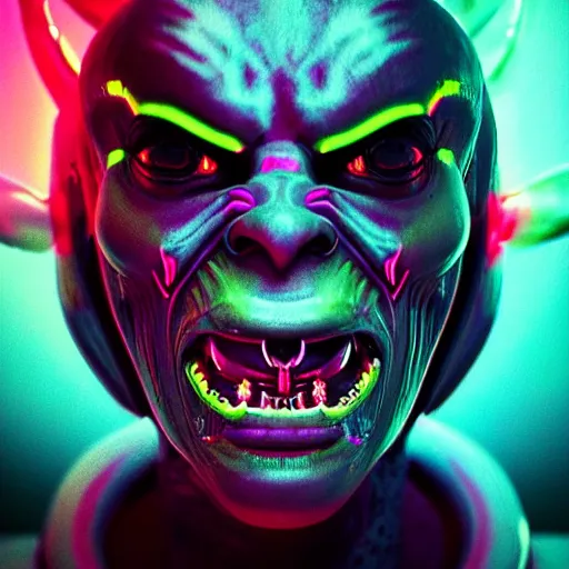 Image similar to synthwave demonic alien face with neon tattos, detailed face, sharp focus, synthwave art, aesthetic, octane render, raw, cinematic