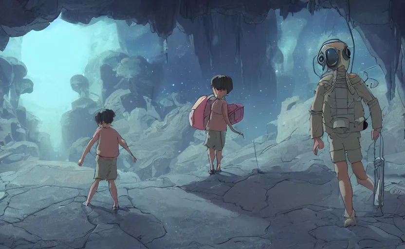 Image similar to highly detailed cell - shaded cartoon action scene with two boys looking at a miniature alien creature. 1 9 7 0 s science fiction, moody, misty, depth perception, 4 k, artstation, in the style of studio ghibli