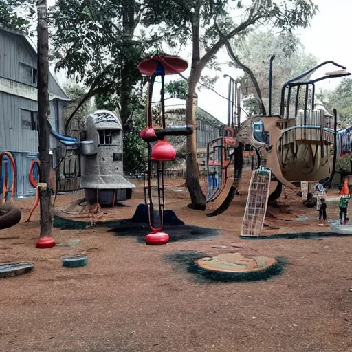 Image similar to studio ghibli post apocalyptic playground with little kids playing on it