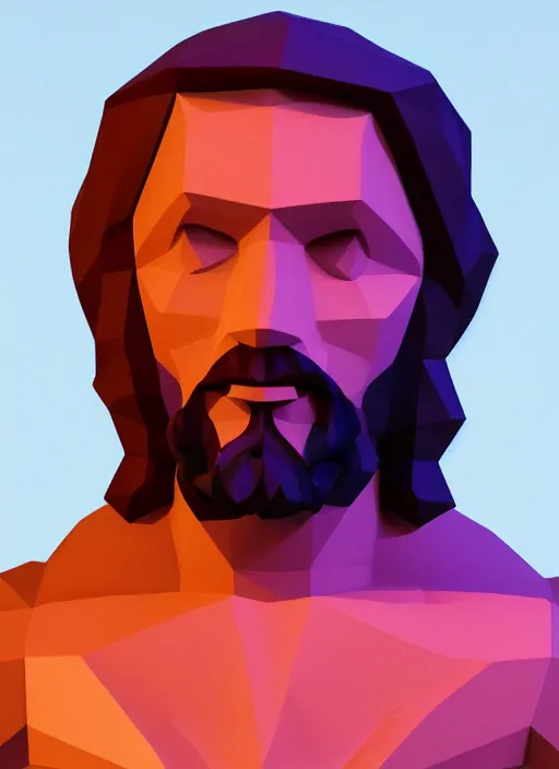 Image similar to low poly 3D model of Jesus Christ created in Blender, full body, 8k, bright colors, neat composition, zoomed out, cute