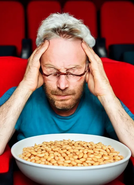 Image similar to award winning photograph of a man at a movie theater eating beans, 4 k, uhd, highly detailed, realistic, close up