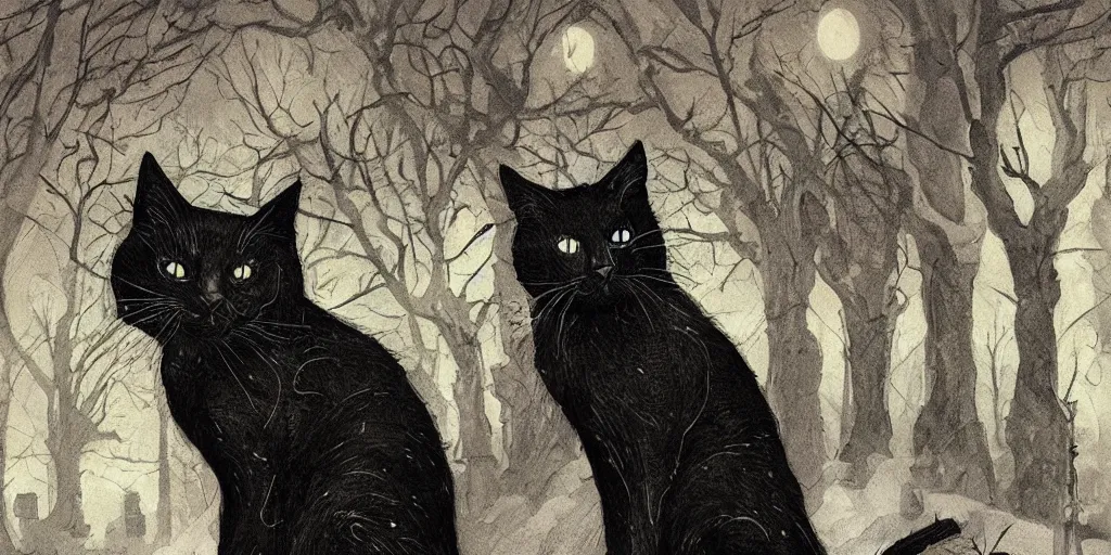 Image similar to black cat in graveyard at midnight halloween tattoo on shoulder by anton pieck, intricate, extremely detailed, digital painting, artstation concept art