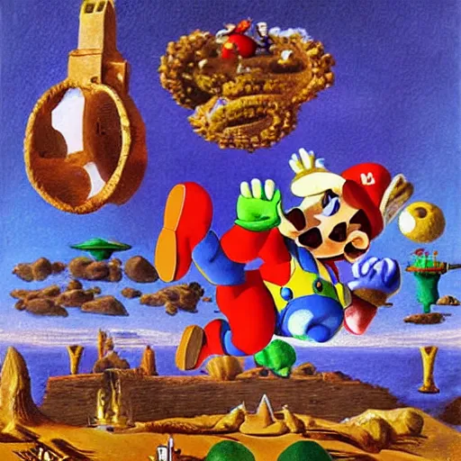 Image similar to Super Mario in an intricate painting by Salvador Dali