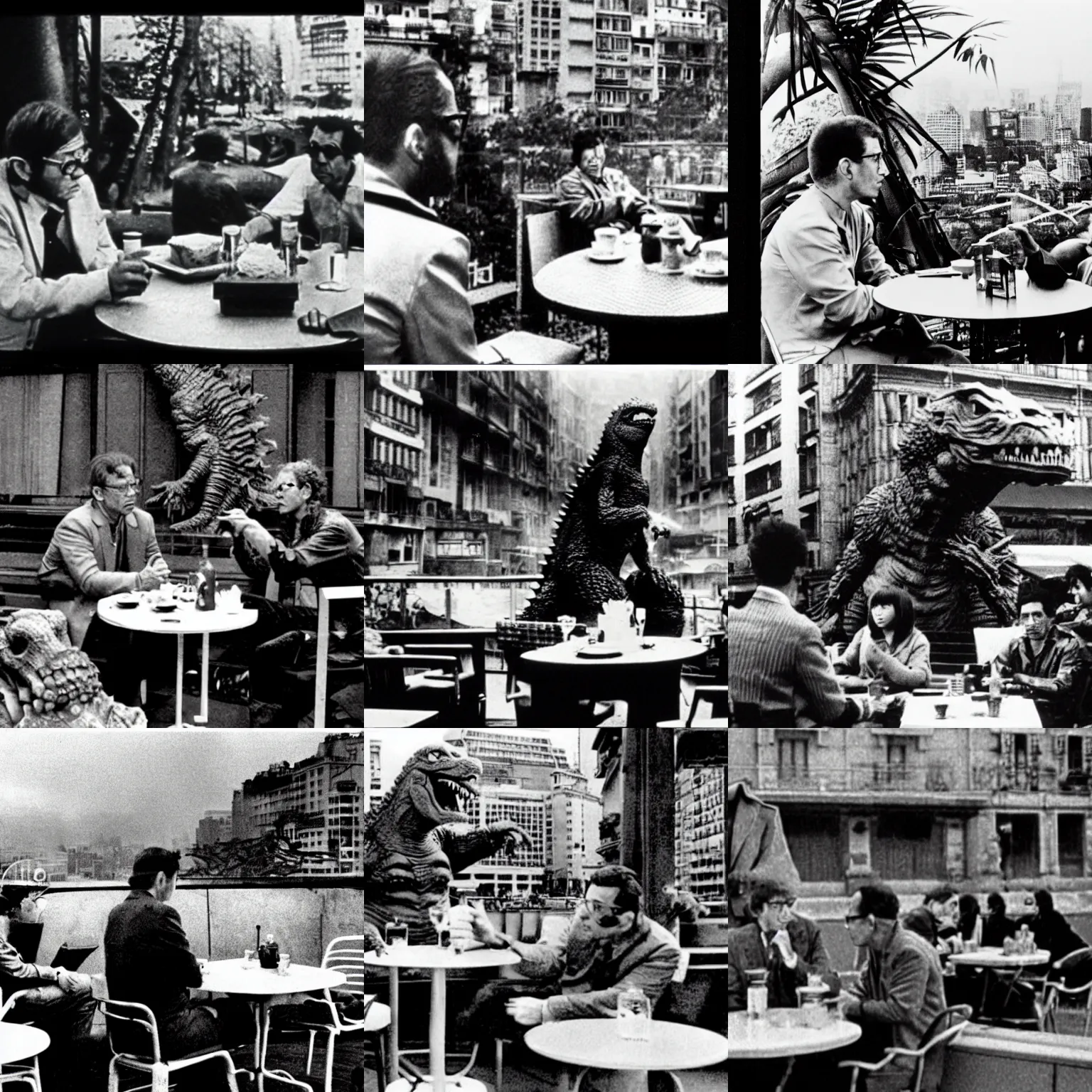 Prompt: scene of the godzilla movie by jean - luc godard, featuring godzilla seated at a the terrace of a parisian cafe, talking about existentialism with jean - paul sartre