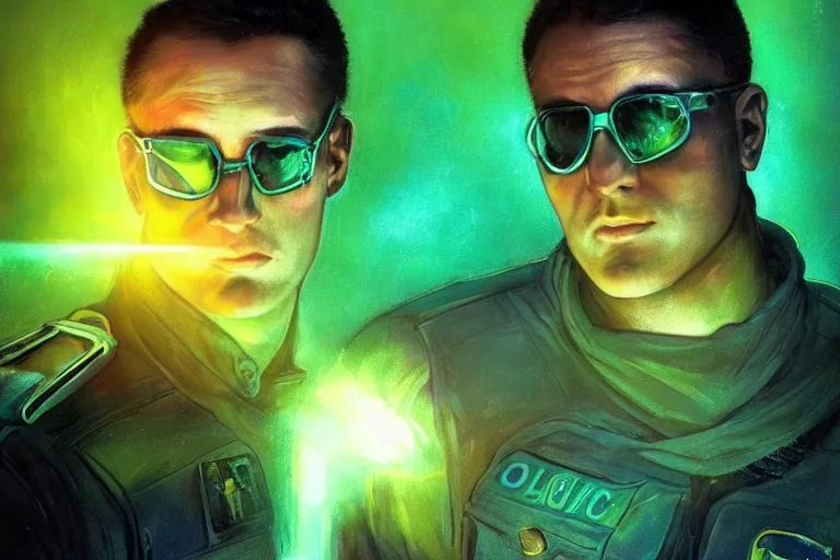 Image similar to Beautiful portrait of a glowing translucent body glowing male police officer wearing cool shades. Green fluorescent aura around officer, wide angle, magic, fire, darkness, dramatic lighting, Africa, intricate, wild, highly detailed, digital painting, artstation, concept art, smooth, sharp focus, illustration, art by artgerm and greg rutkowski and alphonse mucha, footage from space camera