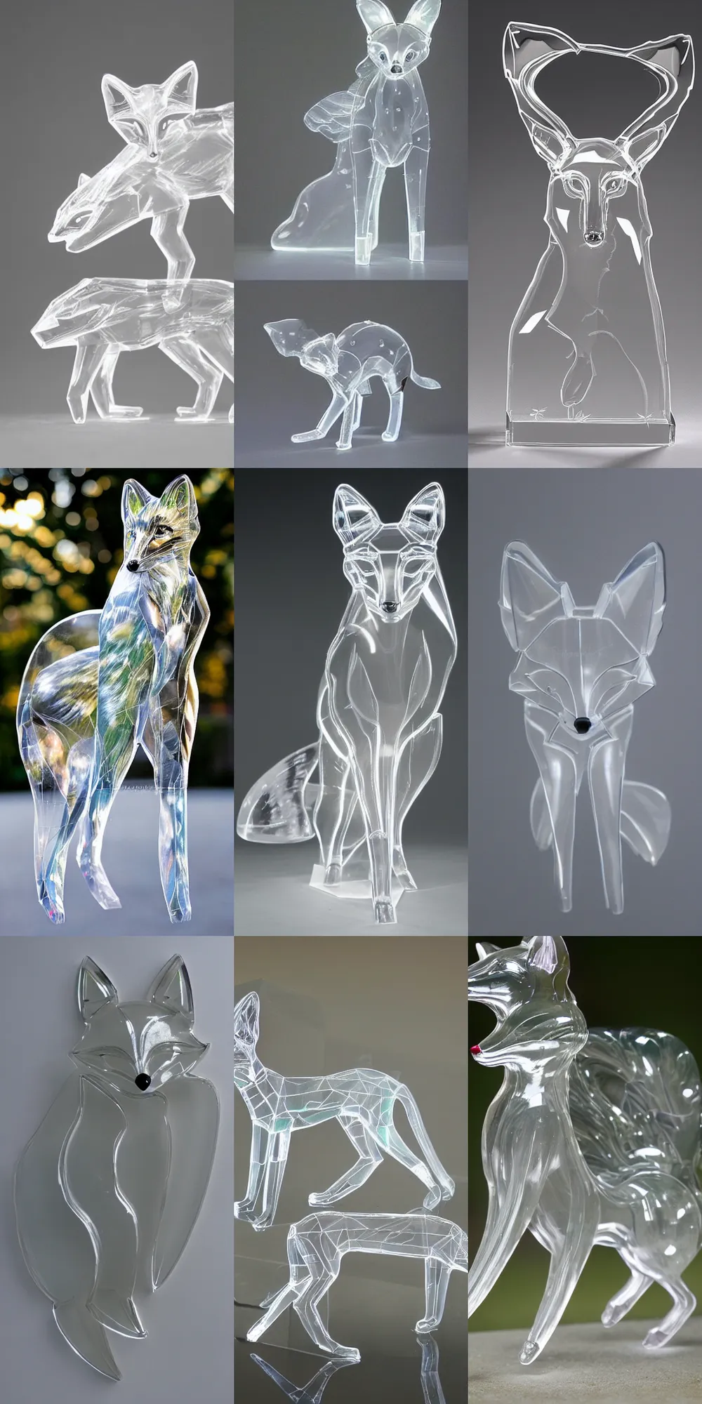 Prompt: fantasy art of a gorgeous clear transparent fox made entirely of glass, walking along a colonnade, photorealistic, refraction, award winning