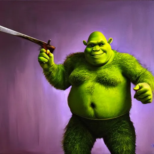 Prompt: hyper realistic oil painting of shrek holding a weapon in the back rooms