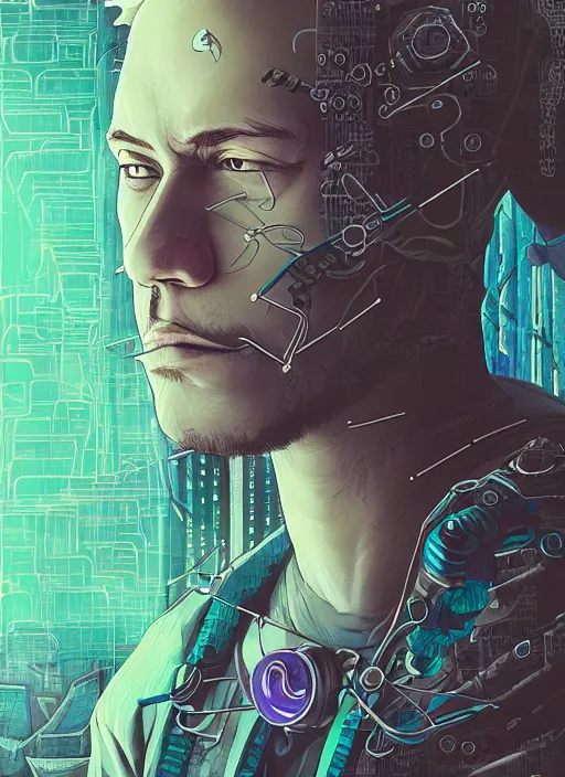 Image similar to portrait, cyberpunk hero, floating detailes, very detailed face, leaves by miyazaki, colorful palete illustration, kenneth blom, mental alchemy, james jean, pablo amaringo, naudline pierre, contemporary art, hyper detailed