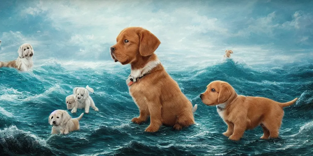 Image similar to a beautiful seascape with puppies, detailed, intricate, beautiful, masterpiece, trending on artstation