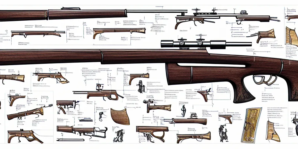 Prompt: a full page schematic diagram illustration of a lever - action rifle, ultra detailed, 4 k, intricate, encyclopedia illustration, fine inking lines