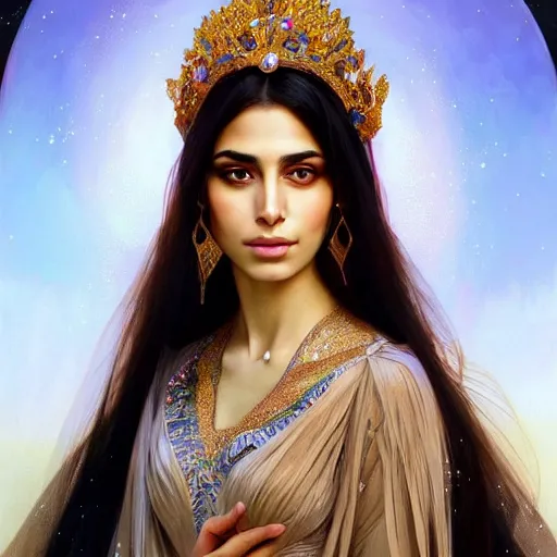 Image similar to Beautiful portrait of a Persian Princess who is an architect, beautiful princess, face painting, beautiful body, attractive, babe, dramatic lighting, intricate, wild, highly detailed, digital painting, artstation, concept art, smooth, sharp focus, illustration, art by artgerm and greg rutkowski and alphonse mucha, footage from space camera