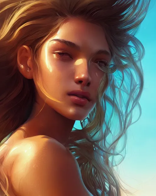 Image similar to summer vibes, beautiful sun tanned goddess portrait, flowy sunkissed hair, sun, summer, cinematic lighting, highly detailed, digital painting, trending on artstation, pixiv, concept art, sharp focus, illustration, art by ross tran and wlop