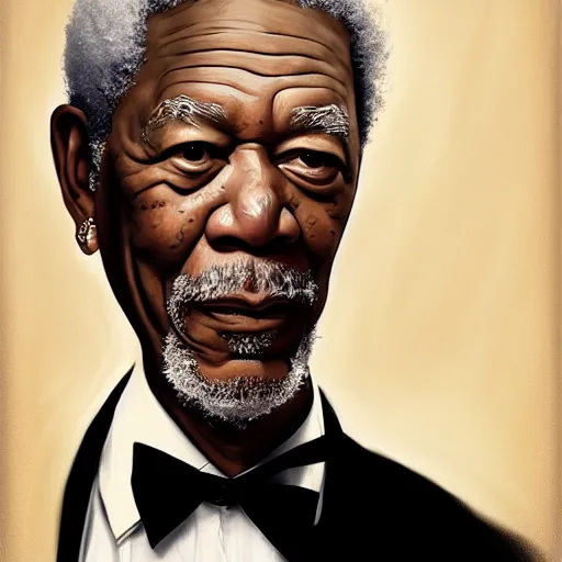 Image similar to morgan freeman wearing a tuxedo, portrait, highly detailed, digital painting, artstation, concept art, sharp focus, illustration, art by artgerm and greg rutkowski and alphonse mucha