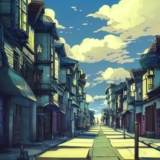 Image similar to a beautiful lonely street in a city from an Anime movie, the sky is blue with anime style clouds, romantic atmosphere, 4k,