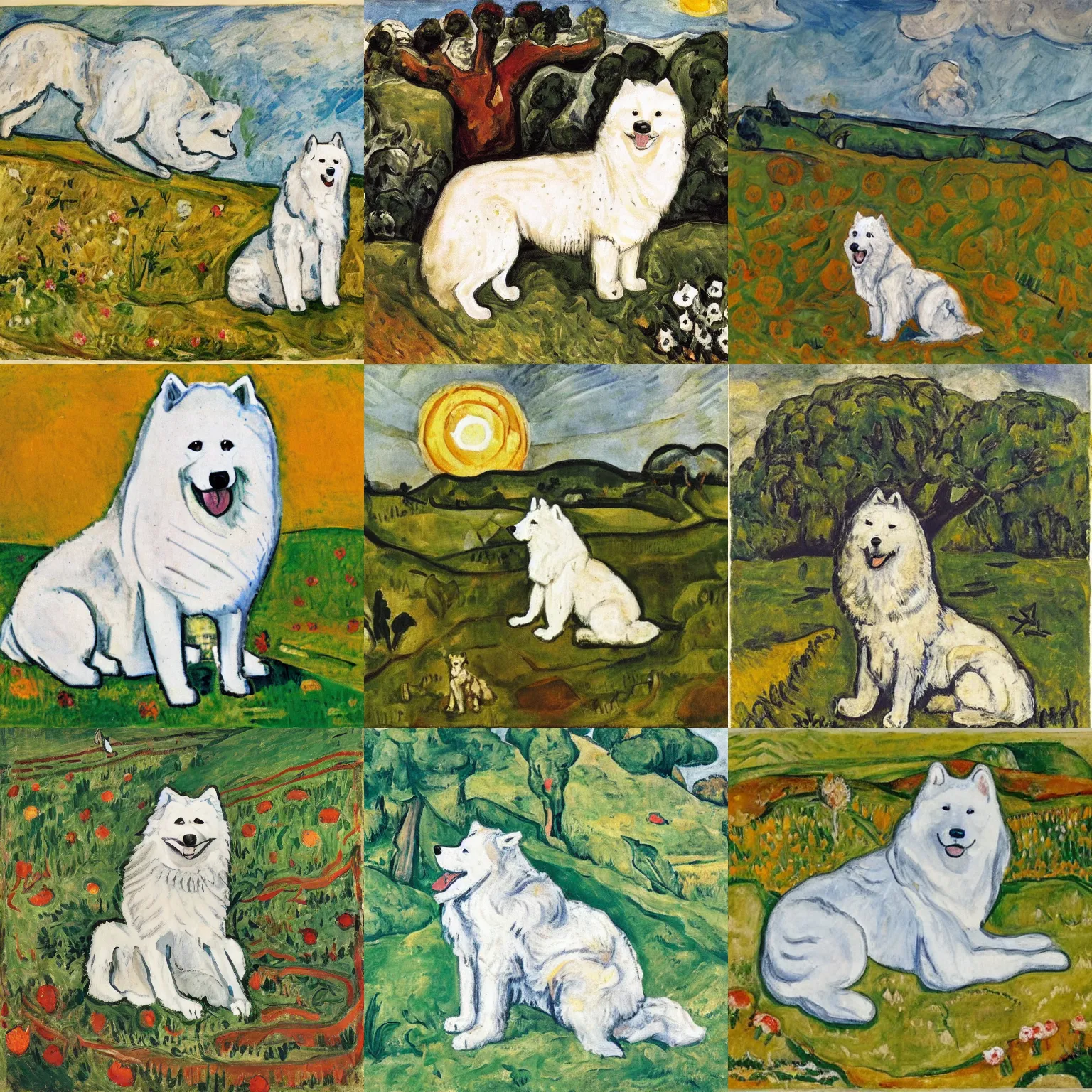 Prompt: a samoyed dog sitting in the middle of sunny meadow, by oskar kokoschka