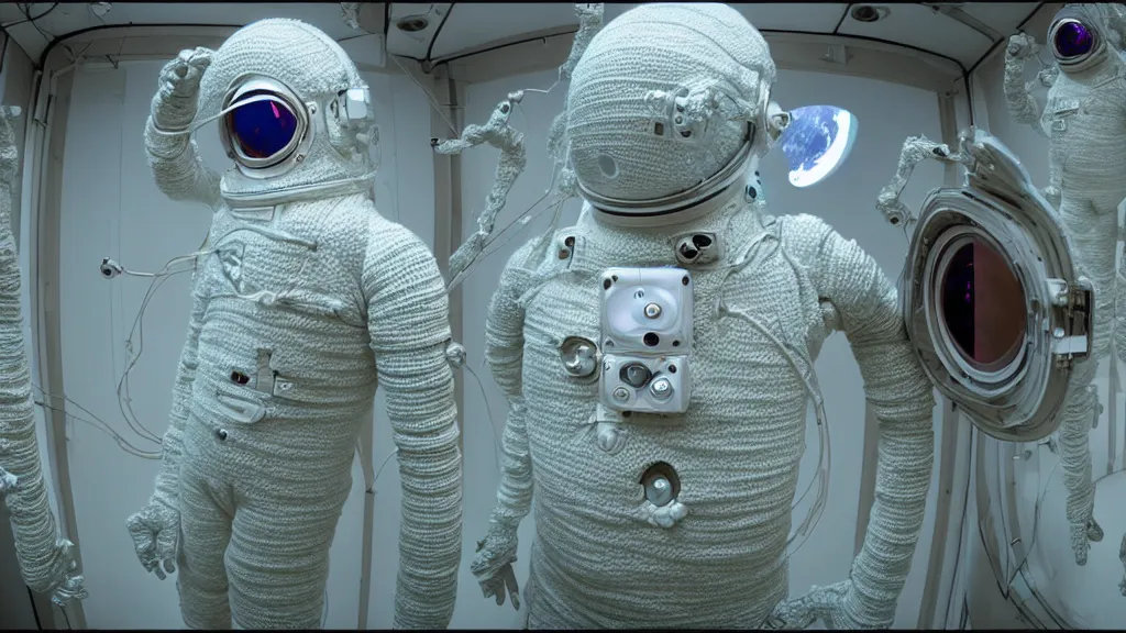 Image similar to a cybernetic symbiosis of a single astronaut eva suit made of pearlescent wearing knitted yarn thread infected with diamond 3d fractal lace iridescent bubble 3d skin covered with stalks of insectoid compound eye camera lenses floats through the living room, film still from the movie directed by Denis Villeneuve with art direction by Salvador Dalí, wide lens,