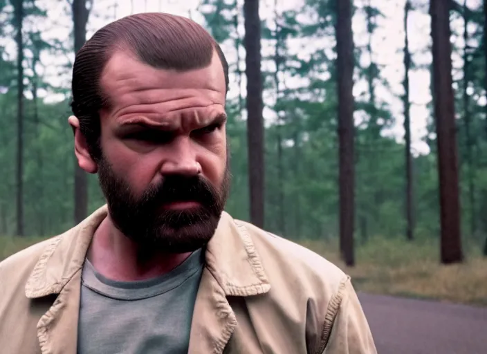 Image similar to film still of jim hopper as dustin henderson in stranger things, 8 k