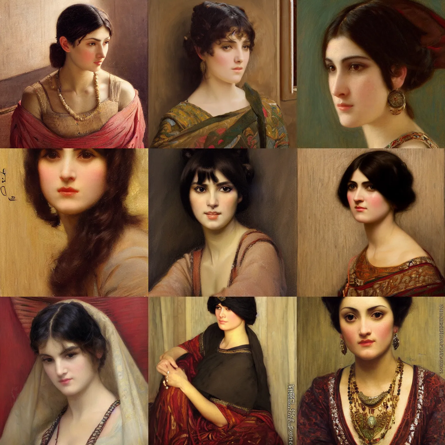 Prompt: orientalism painting hairstyle blunt bangs dark hair beautiful woman face detail by edwin longsden long and theodore ralli and nasreddine dinet and adam styka, masterful intricate art. oil on canvas, excellent lighting, high detail 8 k