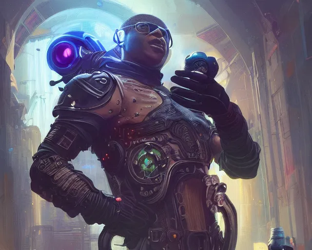 Image similar to man mbappe with cyberpunk implants, deep focus, d & d, fantasy, intricate, elegant, highly detailed, digital painting, artstation, concept art, matte, sharp focus, illustration, hearthstone, art by artgerm and greg rutkowski and alphonse mucha