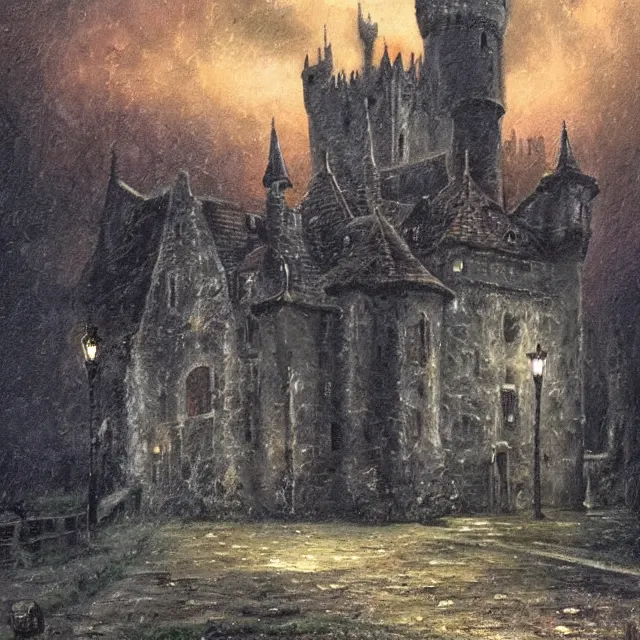 Image similar to high detail, well maintained castle with moody lighting, far away - shot from the front gate courtyard with lightning in the background, oil painting in the style of seb mckinnon